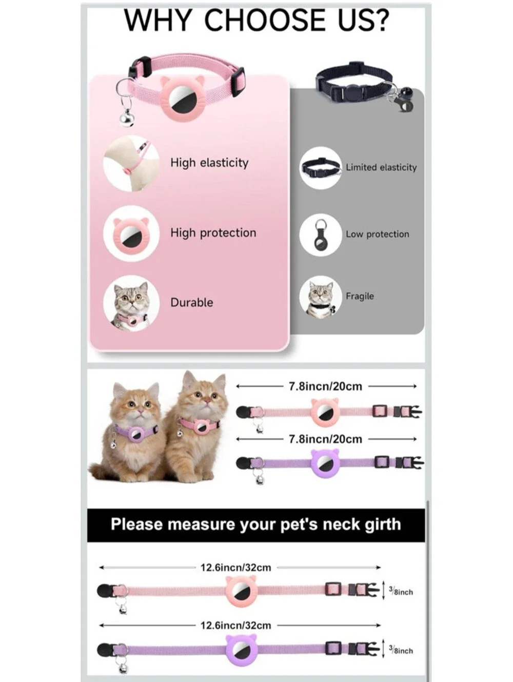 2pc Adjustable Cat Collar with AirTag Holder 2 Pack Silicone Cat Head Case Bell